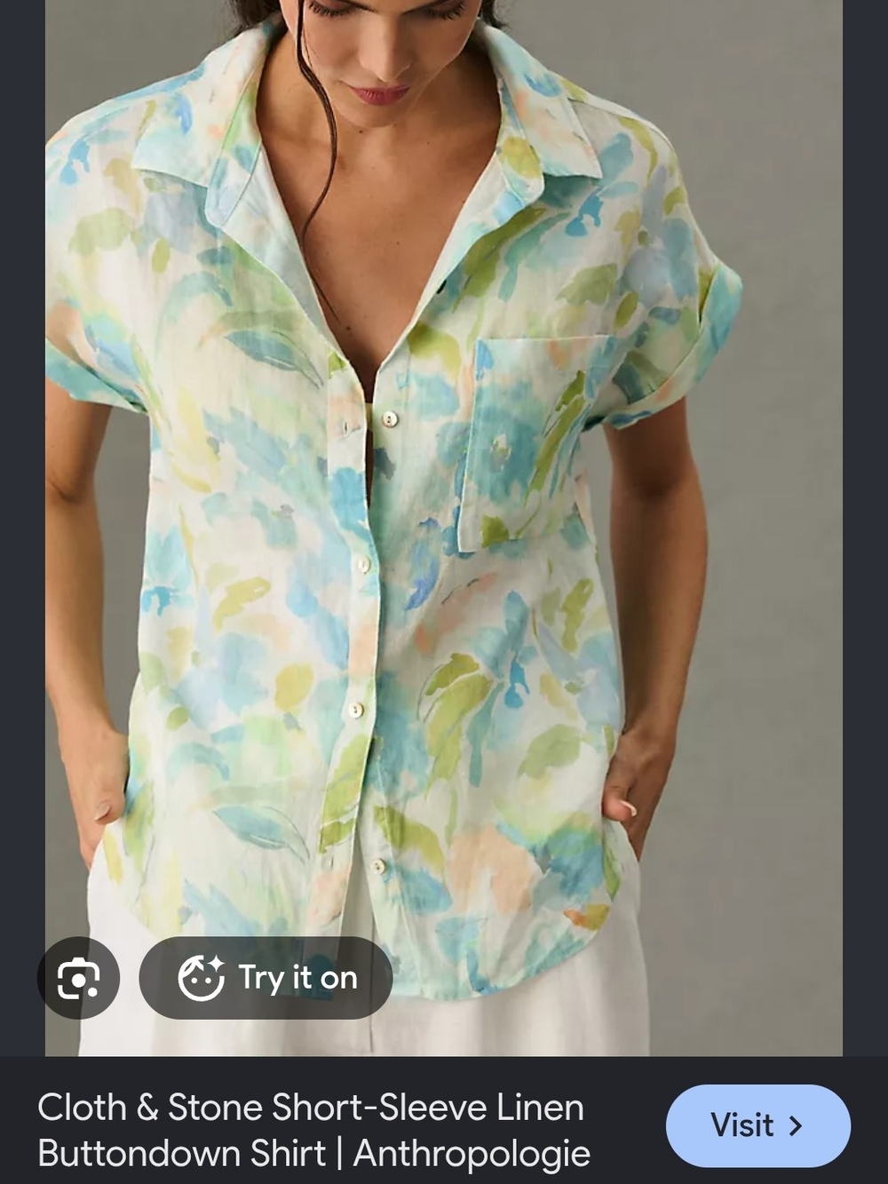 cloth & stone Watercolor Linen Button-Down Shirt Anthropologie Sz Med Blue Green